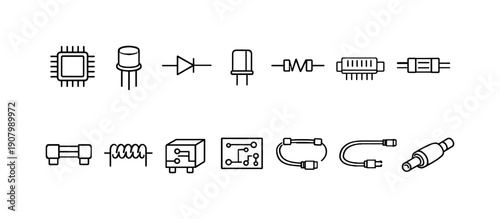 Minimal outline icons of common electronic components and connectors on a white background