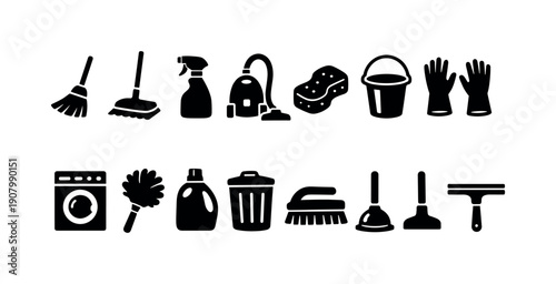 Collection of black cleaning icons on a white background, representing various household chores