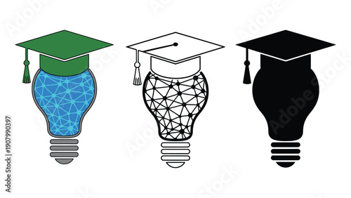 Three light bulbs with graduation caps symbolize education and ideas.