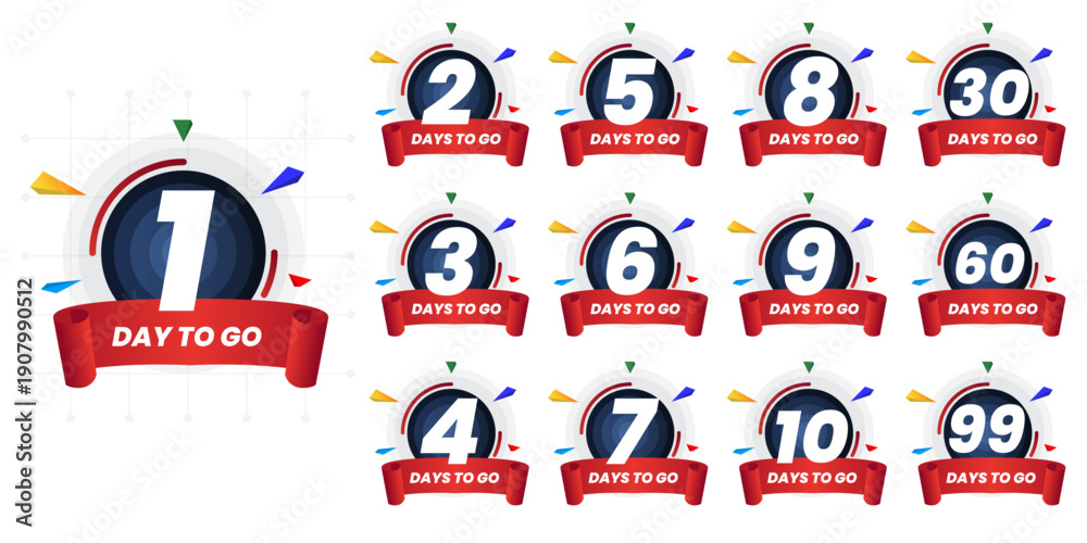 Fototapeta premium Days To Go Countdown banner template design. 1,2,3,4,5,6,7,8,9,10,20 days left countdown icon. vector 