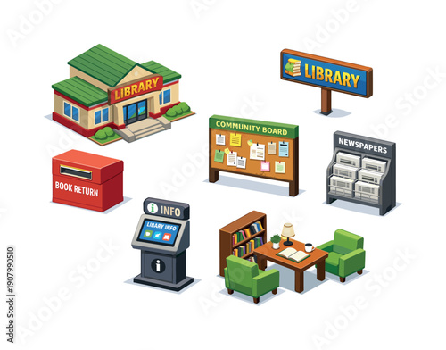 Isometric library elements collection including building, book return, info kiosk, and reading area