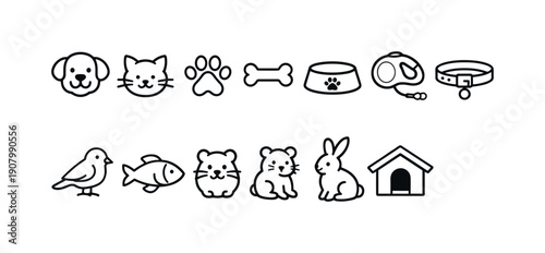 Collection of cute pet icons and accessories, simple line art for animal lovers