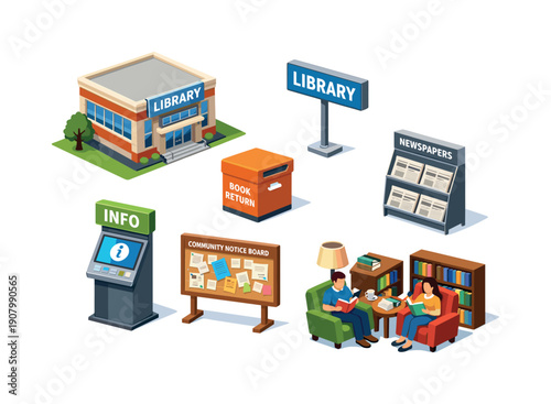Isometric library building with various services and amenities for community engagement