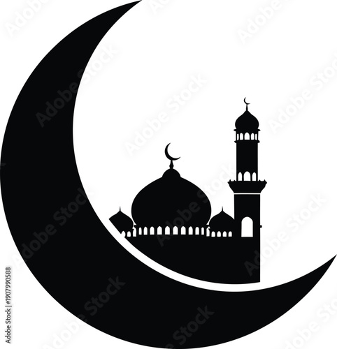 A mosque silhouette inside a crescent moon symbolizing islamic faith and spirituality.
