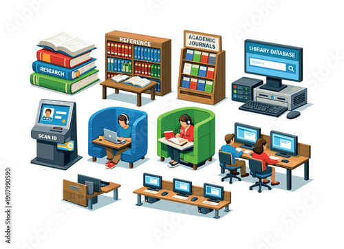 Modern library interior with study spaces, computers, and research materials