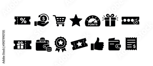 Collection of black icons representing rewards, shopping, and financial transactions