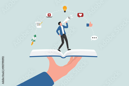 Communicating a brand story or idea to the audience, narrative message, content or article writing or advertising creativity concept, a young man opens a book and tells a story through a megaphone.