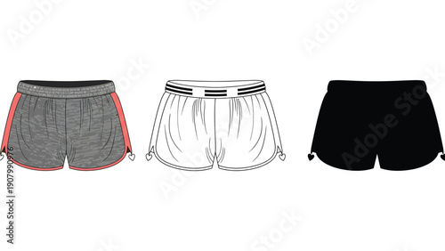 Three different styles of athletic shorts are displayed.