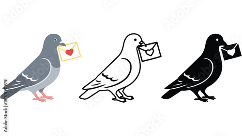 Three pigeons carrying envelopes with hearts, symbolizing love letters.