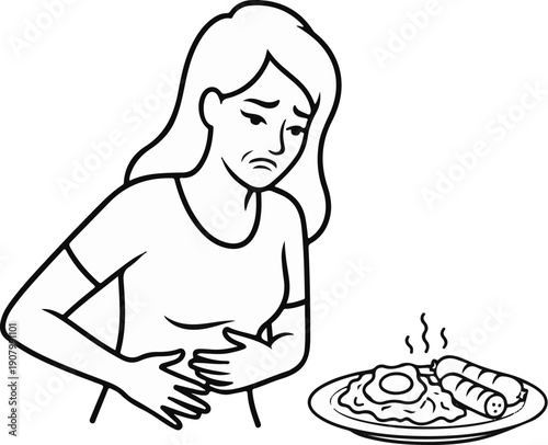 Woman with stomach ache looks at plate of food, feeling unwell