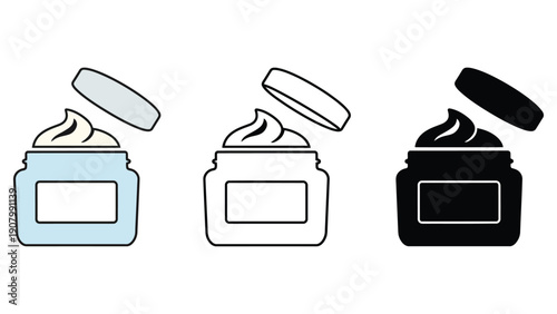Three jars of cream with open lids are shown in different styles.