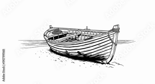 Wooden boat resting on a sandy shore, with a coiled rope inside