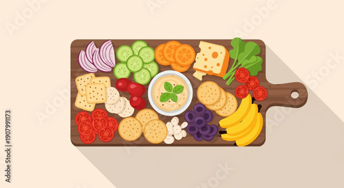 Wooden board with assorted snacks cheese, crackers, vegetables, fruits, and dip