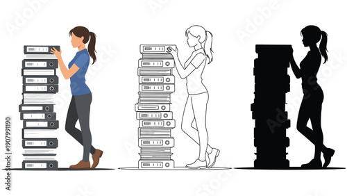 Woman organizing a large stack of binders in three different styles.