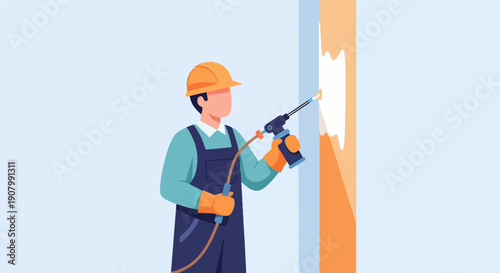 Worker in hard hat and overalls applies foam to a wall