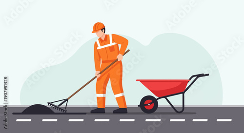 Worker raking asphalt near a wheelbarrow on a road