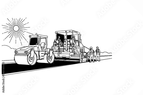 Workers operate heavy machinery for road construction under a bright sun