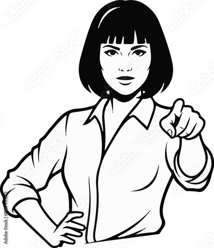 Woman in a white shirt pointing forward with determined expression