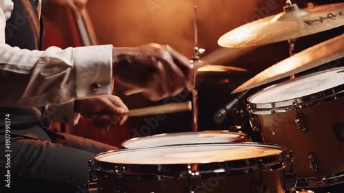 Close-up of a drummer playing jazz with drum set scene