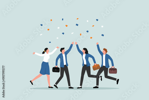фотографія Employee, organization or company worker, team or teamwork success together, staff partnership or community concept, success businessman, businesswoman colleague high five for winning celebration