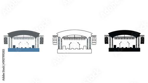 Three stylized illustrations of an outdoor concert stage with microphones.