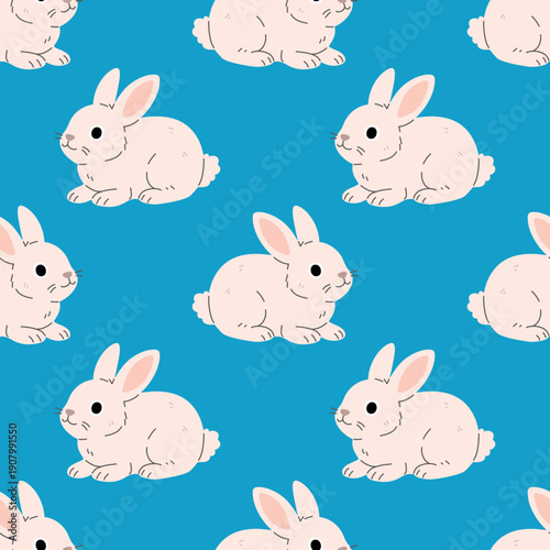Seamless pattern with cute white Easter bunnies on a pastel background. Flat cartoon rabbits repeating texture, perfect for Easter designs, children prints, wrapping paper, textiles, nursery decor and