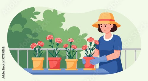 Woman in straw hat tending to potted carnations on balcony with lush foliage
