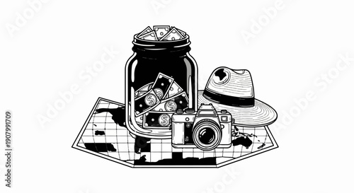 Vintage camera, cash jar, and hat sit on a map, ready for adventure