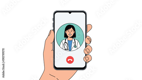 Person holding a smartphone during an online medical consultation with a professional female doctor via video call technology.