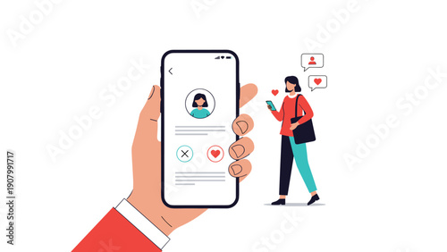 Close-up of a hand holding a smartphone displaying a dating app profile with a woman walking in the background sending hearts.