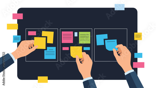 Multiple hands placing various colorful sticky notes on a large dark task board to organize a project or plan a workflow.