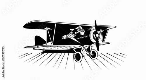 Vintage biplane with propellers and wheels on a striped ground