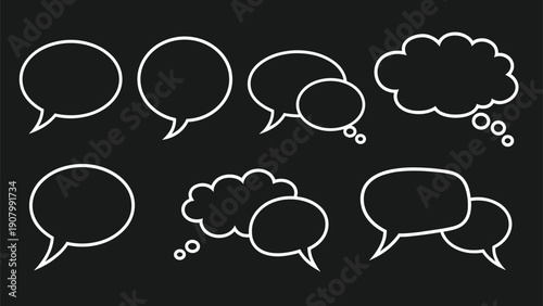 Collection of various white outline speech and thought bubbles isolated on a black background for graphic design and communication concepts.