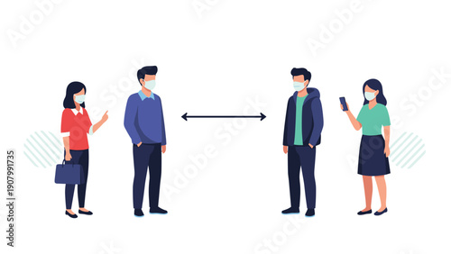 Diverse group of people standing apart and wearing face masks to practice social distancing and prevent the spread of infectious viruses.