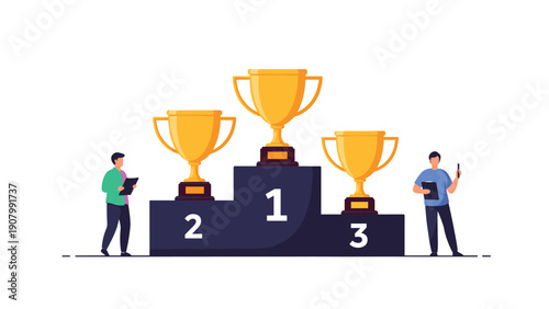 Business professionals standing next to a large winners' podium featuring gold trophies for first, second, and third place achievements.
