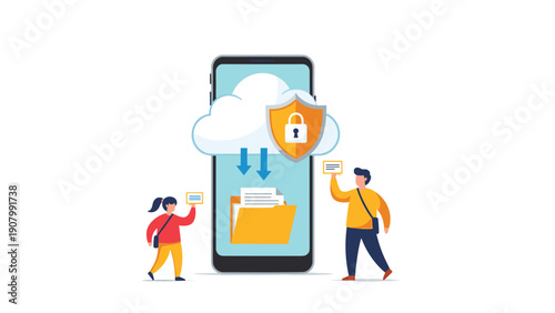 Two people managing digital data by downloading and uploading files from a cloud-secured smartphone with a shield and padlock icon.
