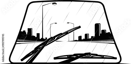 View through a rainy windshield of a city skyline with streetlights