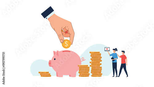Giant hand putting a gold coin into a pink piggy bank next to stacks of money and two people managing their finances.