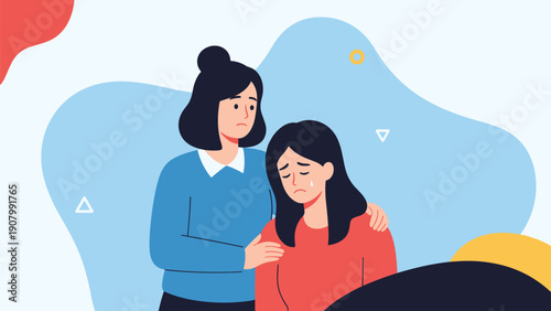 Caring woman comforting her sad and crying friend by placing a hand on her shoulder and offering emotional support and empathy.