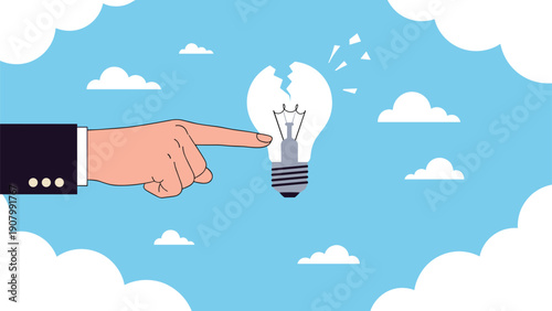 Giant hand pointing at a broken white light bulb floating in a blue sky with white clouds, representing a failed idea or problem.