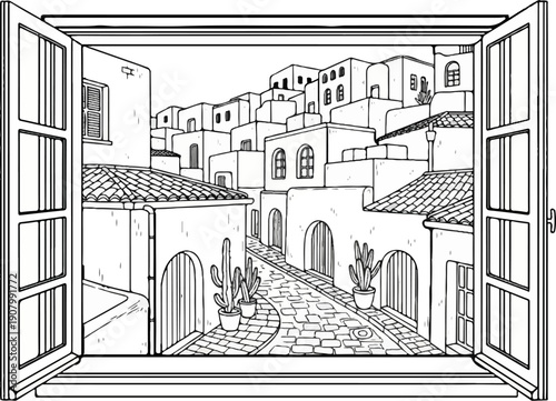 View of a sun-drenched Mediterranean village street through an open window