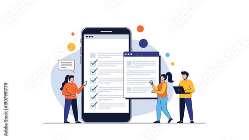 Group of people using their phones and working on a laptop while standing next to a giant smartphone displaying a checklist.