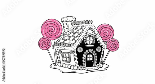 Whimsical gingerbread house with swirly candy and pink lollipops