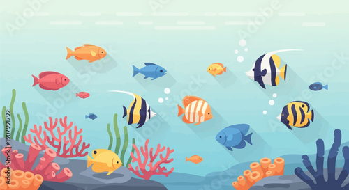 Vibrant underwater scene with colorful fish swimming among coral and seaweed
