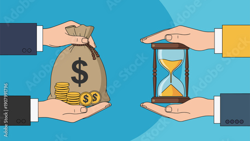 Hands of two people exchanging a large bag of money for an hourglass representing the value of time versus wealth or currency.