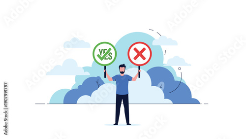 Person standing in front of clouds and holding up a green checkmark yes sign and a red cross no sign for decision making.