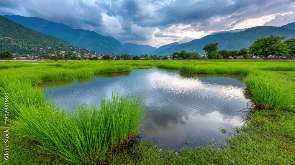 Fototapeta premium Minimal natural landscape featuring overcast sky over wide marshland with reflective puddles, wide open space with soft natural light, blurred background elements like distant mountains or ocean