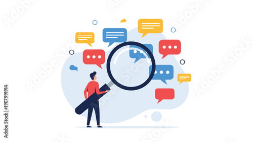 Business professional using a large magnifying glass to search and analyze customer feedback or messages in colorful chat bubbles.