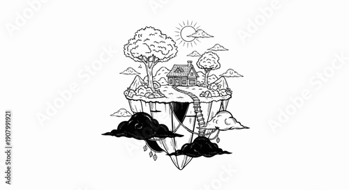 Whimsical floating island with a house, trees, mountains, and clouds in black and white