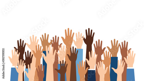 Large group of diverse hands with various skin tones raised together to represent unity equality and community support.
